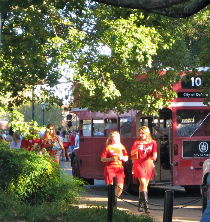 double decker bus traveling between The Grove and Oxford Mississippi photo by Kathy Miller