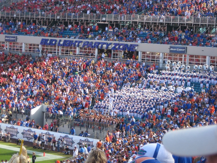 Orange and Blue side of Florida/Georgia game Gator Band photo by Kathy Miller