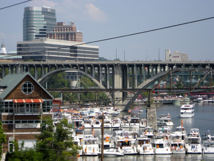 The Vol Navy, Lady Vols Boathouse, Henley Street Bridge, Knoxville skyline photo by Kathy Miller