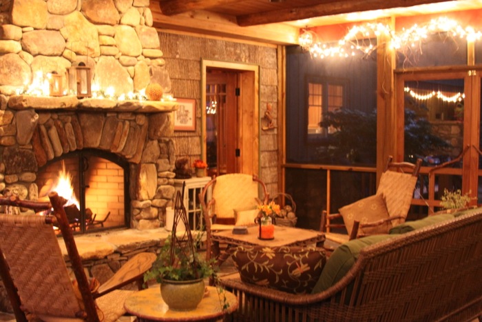 Fire on the screened porch NC mountains photo by Kathy Miller