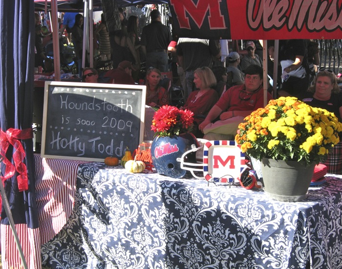 Tailgating tables with drapes at Ole Miss photo by Kathy Miller