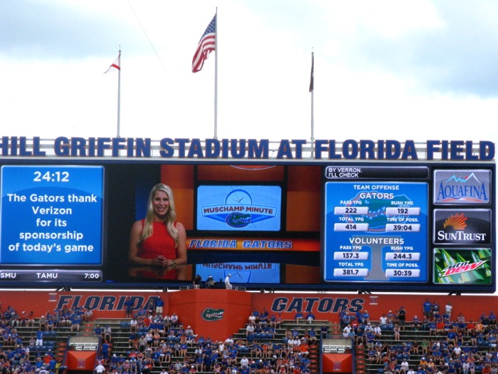 Kelly Hawkins on the Big Screen Gator game photo by Kathy Miller
