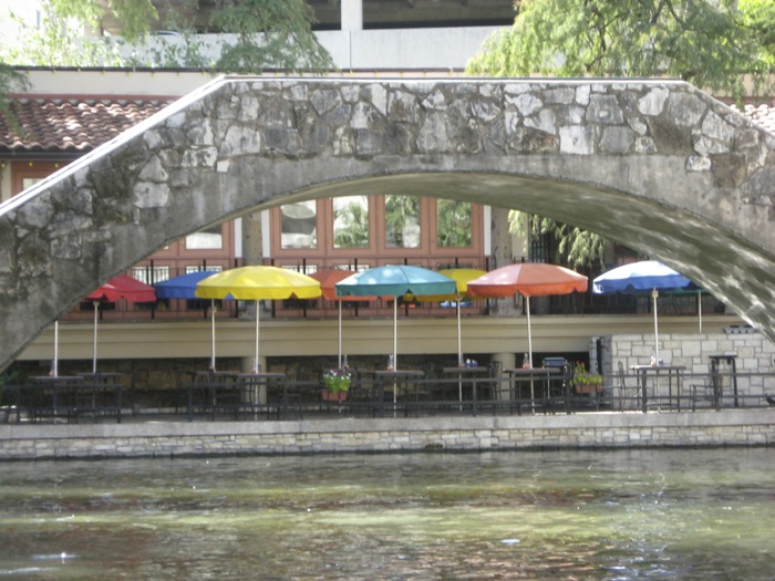 River Walk San Antonio Texas multi colored umbrellas outdoor cafes photo by Kathy Miller