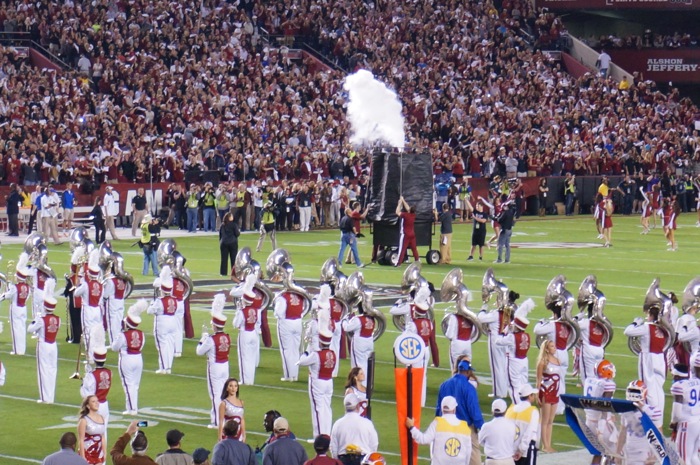 Cocky, South Carolina's mascot arrives in a drape covered cage photo by Kathy Miller