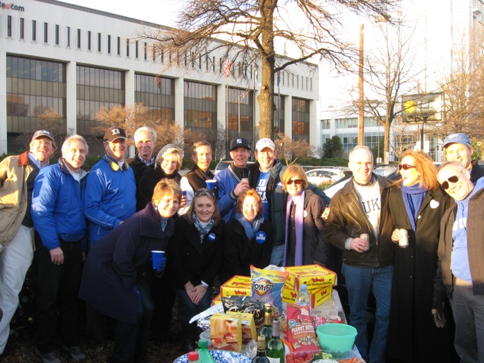 Duke friends tailgating at bowl game in Charlotte photo by Kathy Miller