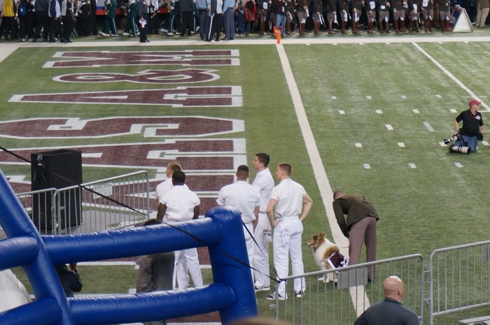 Yell Leaders & Reveille waiting for Aggie Team photo by Kathy Miller