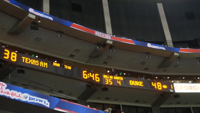 Scoreboard at Chick-fil-a bowl photo by Kathy Miller