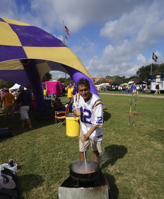 Gator tail Picadillo stirred in a big pot LSU tailgating photo by Kathy Miller