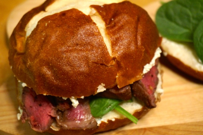 Grilled Beef Tenderloin with Boursin Cheese and Spinach on Pretzel Roll photo by Kathy Miller