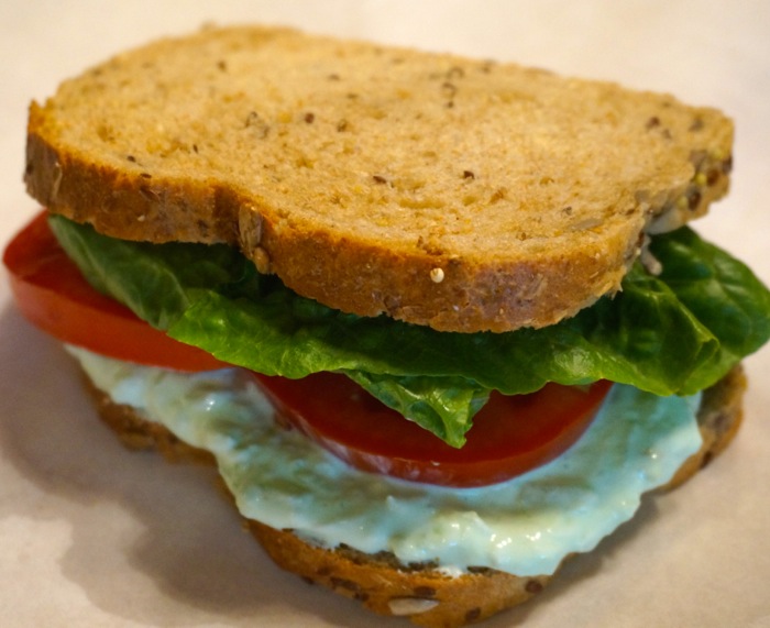 Benedictine on 9 grain bread with lettuce and tomato photo by Kathy Miller