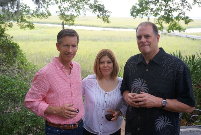 Dave, Cathy and Charlie on the marsh with  Intracoastal Waterway views photo by Kathy Miller