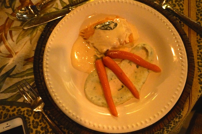 Baked Salmon with Lemon and Basil Cream Sauce over  pureed cauliflower and Baby Carrots photo by Kathy Miller