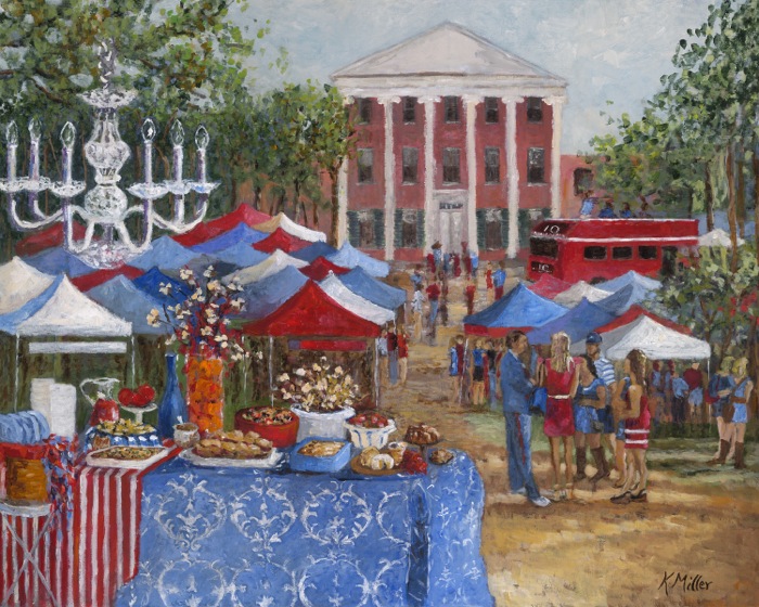 TAILGTING IN THE GROVE PAINTING BY KATHY MILLER with chandelier, Hotty Toddy cups photo by Kathy Miller