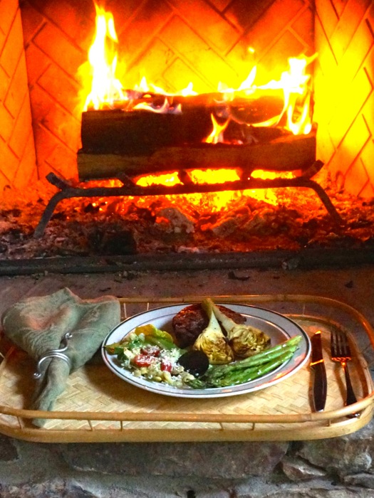 Father's Day Meal in front of the fire on the screened porch in the mountains photo by Kathy Miller