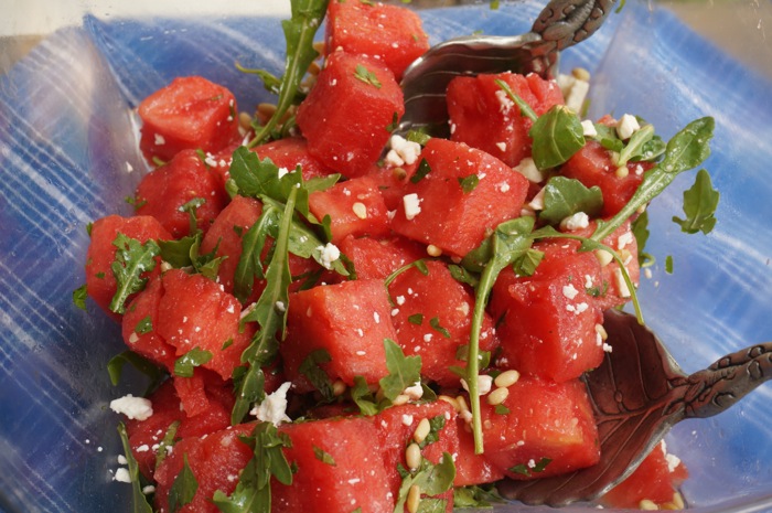 Watermelon with Arugula and White Stilton Cheese photo by Kathy Miller