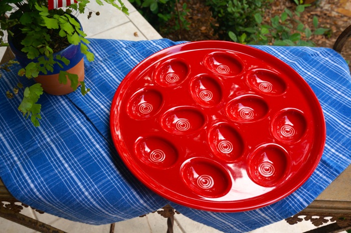 Vintage Red Deviled Egg Platter photo by Kathy Miller with dots