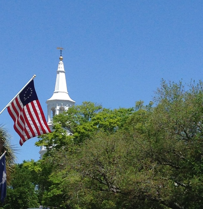 St. Michael's Episcopal Church steeple with original 13 star American Flag photo by Kathy Miller