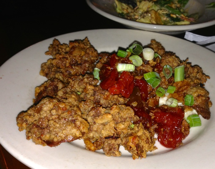 Fried Chicken Livers on a bed of Grits With Tomato Jam from Copper Cellar photo by Kathy Miller