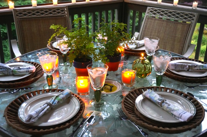 Dinner set with Cashiers bandana used for napkins photo by Kathy Miller