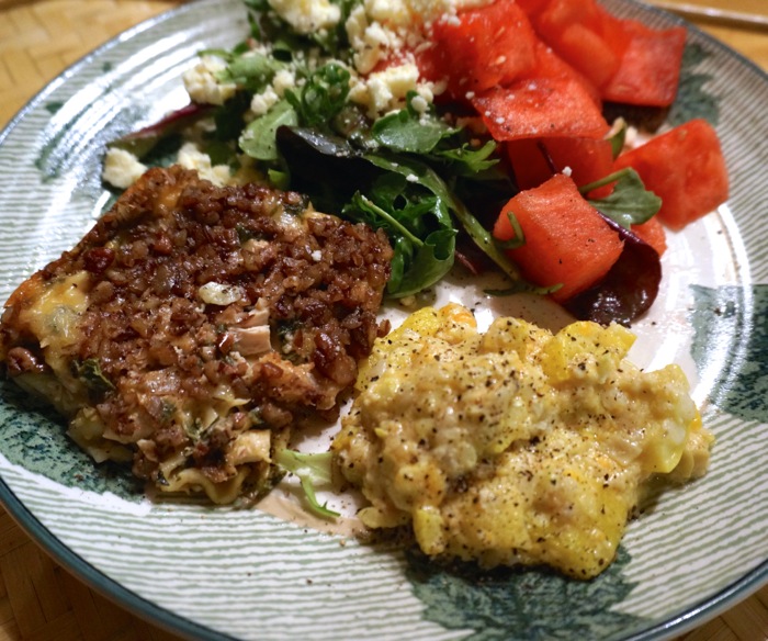 Chicken Lasagna Florentine with summer squash casserole and watermelon salad photo by Kathy Miller