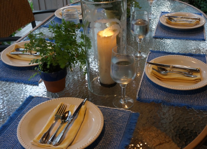 Low Country Boil Table setting with yellow and blue photo by Kathy Miller