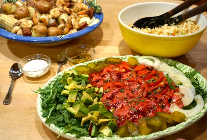 Fresh Tomotoes with Avocados, Arugula, sliced Vidalia Onions, Wickles Pickles photo by Kathy Miller