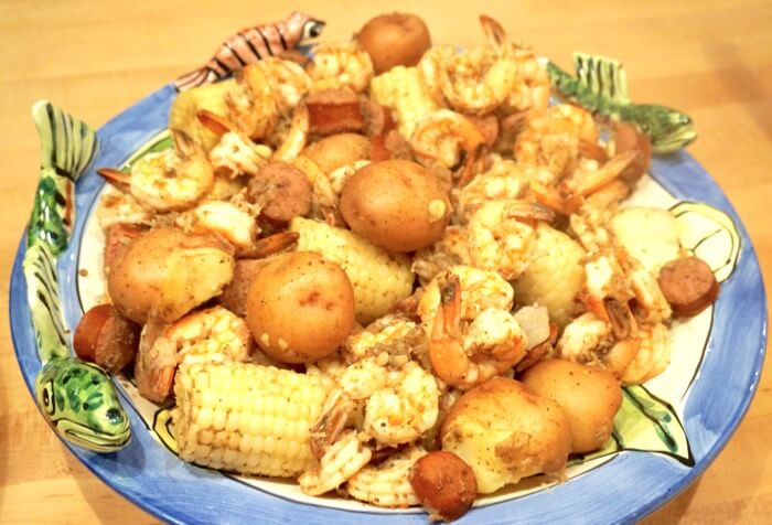 Low Country Boil with Shrimp, Summer Sausage, Potatoes and Corn