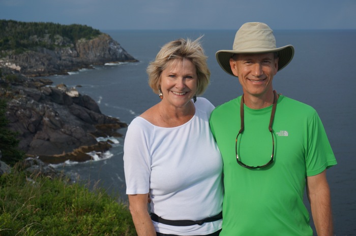 Kathy and Dave with view of Black Head on Monhegan Island photo by Kathy Miller