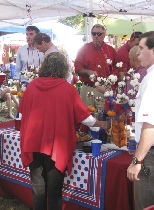 Ole Miss Tailgate in The Grove with pumpkins and cotton centerpiece photo by kathy Miller