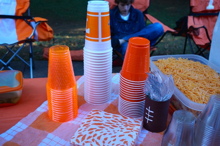 Cups at tailgate Joy thinks of everything photo by Kathy Miller