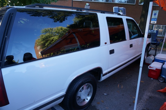Neil Durrance's Suburban with 423,000 miles used just for tailgating photo by Kathy Miller