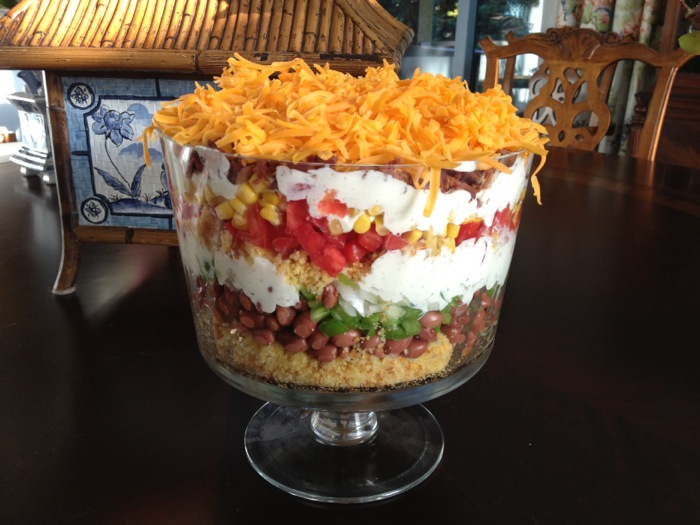 Layered cornbread salad in trifle bowl photo by Joy McCabe