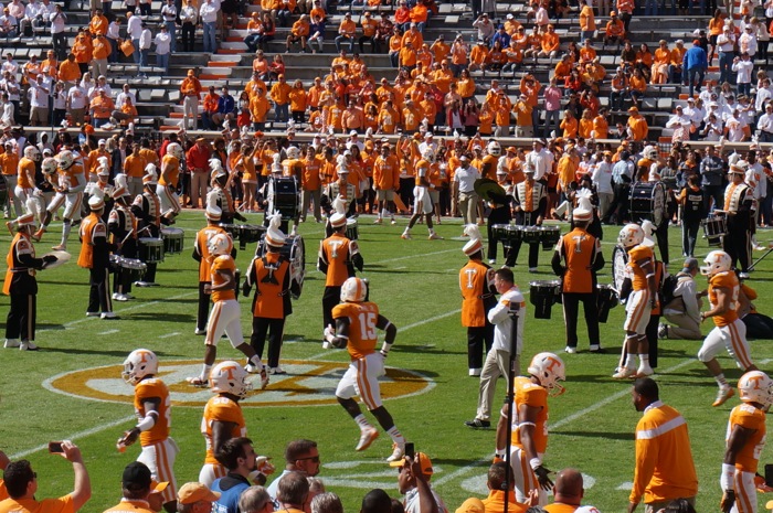 Pregame warmup drill with Pride of the Southland's drum line and Tennessee players, Circle of Life Drill photo by Kathy Miller