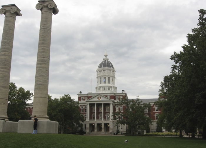 A perspective of the Columns at the University of Missouri photo by Kathy Miller