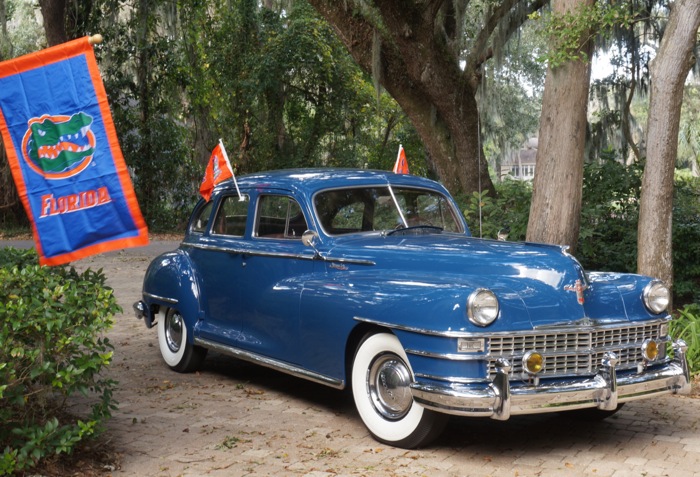 Pops' 1948 blue Chrysler New Yorker ready for Florida Georgia game photo by Kathy Miller