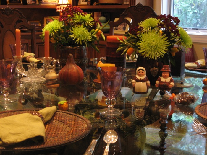 Thanksgiving tablescape with Publix pilgrim salt and pepper shakers photo by Kathy Miller