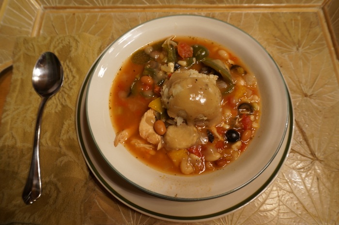 Potato Stuffing drizzled with gravy tops a Kitchen Sink Soup photo by Kathy Miller