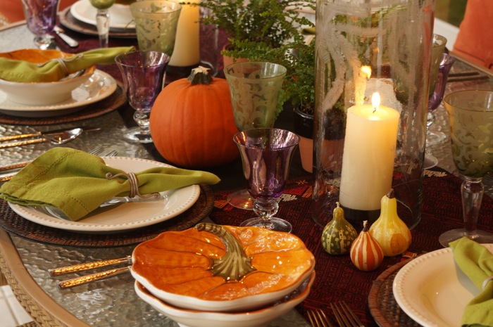 Thanksgiving tablescape with pumpkin soup bowls photo by Kathy Miller