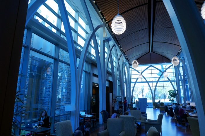 the glassed in study/coffee area in Duke's Bostock Library photo by Kathy Miller