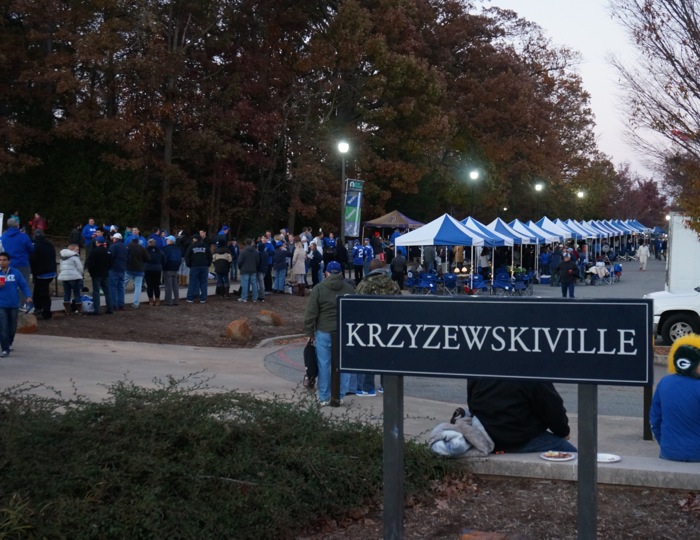 Krzyzewskiville at Duke looking back at the tailgating tents photo by Kathy Miller