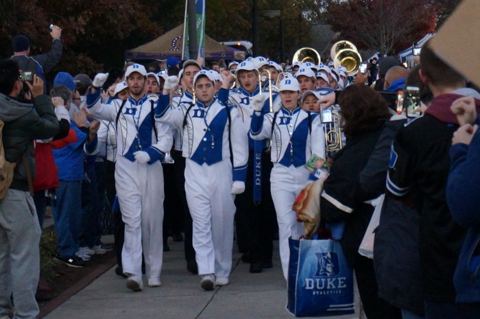 Duke band leads the Blue Devil Walk down Blue Devil Alley photo by Kathy Miller