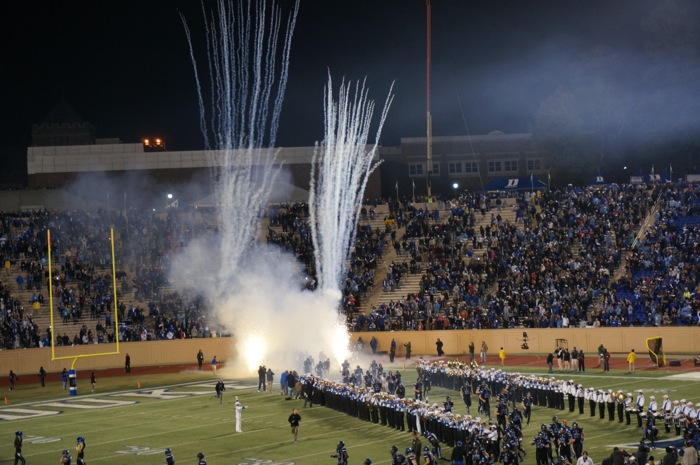 Fireworks as the Duke players enter the field photo by Kathy Miller