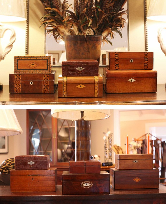 Antique boxes at The Plantation Shop photo by Lynne Tennille via Kathy Miller