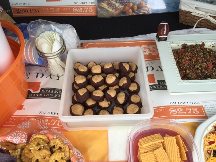 Tennessee/Iowa tailgate with buckeye candy and Lillian's wonderful cheese straws photo by Kathy Miller