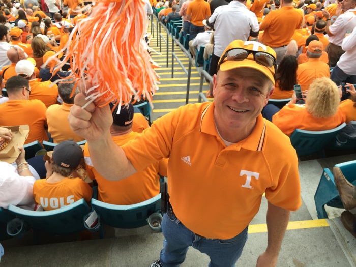 Tennessee fan Joe Lawson celebrates photo by Kathy Miller