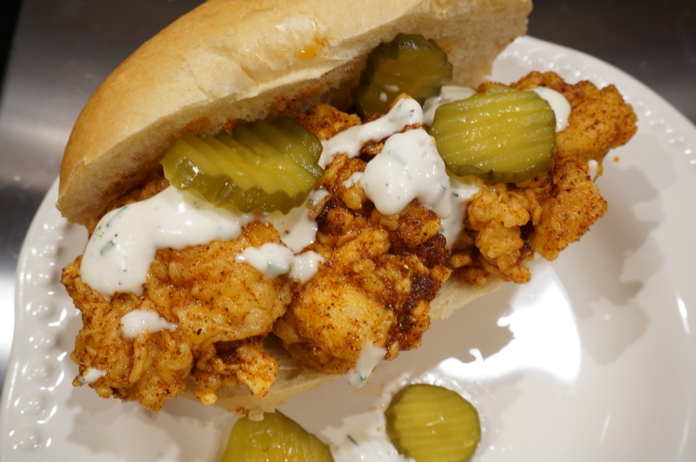Chicken Sandwich with Ranch Dressing, Frank's Red Hot Sauce and dill pickle slices photo by Kathy Miller
