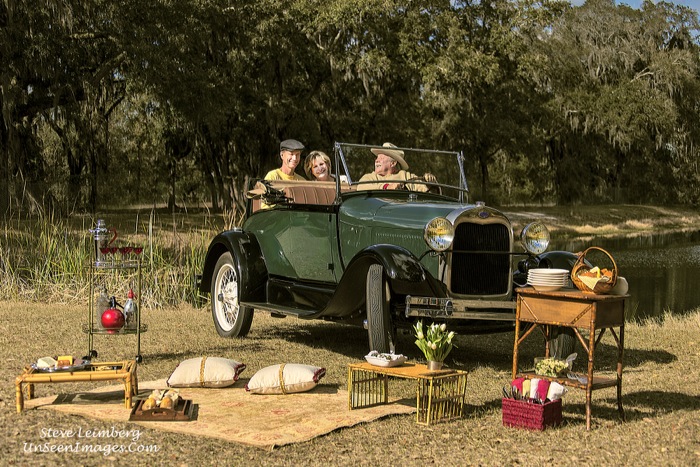 Kathy & Dave Miller with driver, Mike Broucke on a fun picnic in a Model A Roadster photo by Steve Leimberg, Unseen Images, styling by Kathy Miller