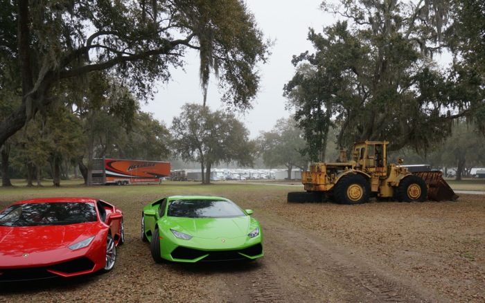 Red and Green Lamborghinis with front loader photo by Kathy Miller