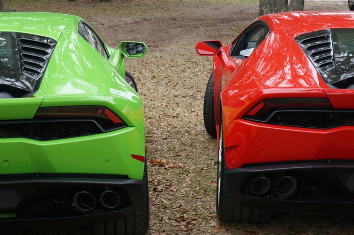 Green and red Lamborghinis photo by Kathy Miller