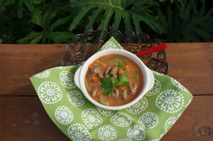 Beef Tenderloin Pot Pie/ Irish Stew with red bakelite vintage spoon photo by Kathy Miller